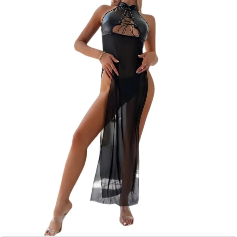 

Hot Sexy Black Leather Exotic Lingerie Sets for Women 2 Pcs Qipao Long Dress Underwear Mesh Sheer Lace-Up High Slit Exotic Dress