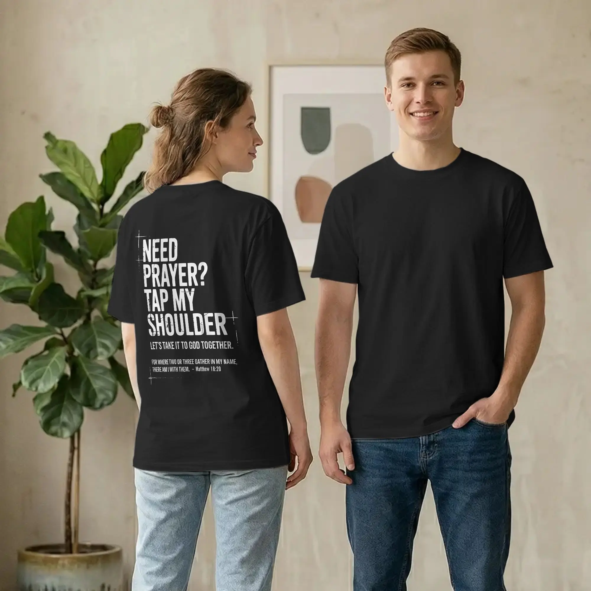 Backprint Need Prayer Tap My Shoulder T Shirt Men 100% Cotton Vintage T-Shirt Crew Neck Bible Verse Christian Tee Shirt Top Gift
