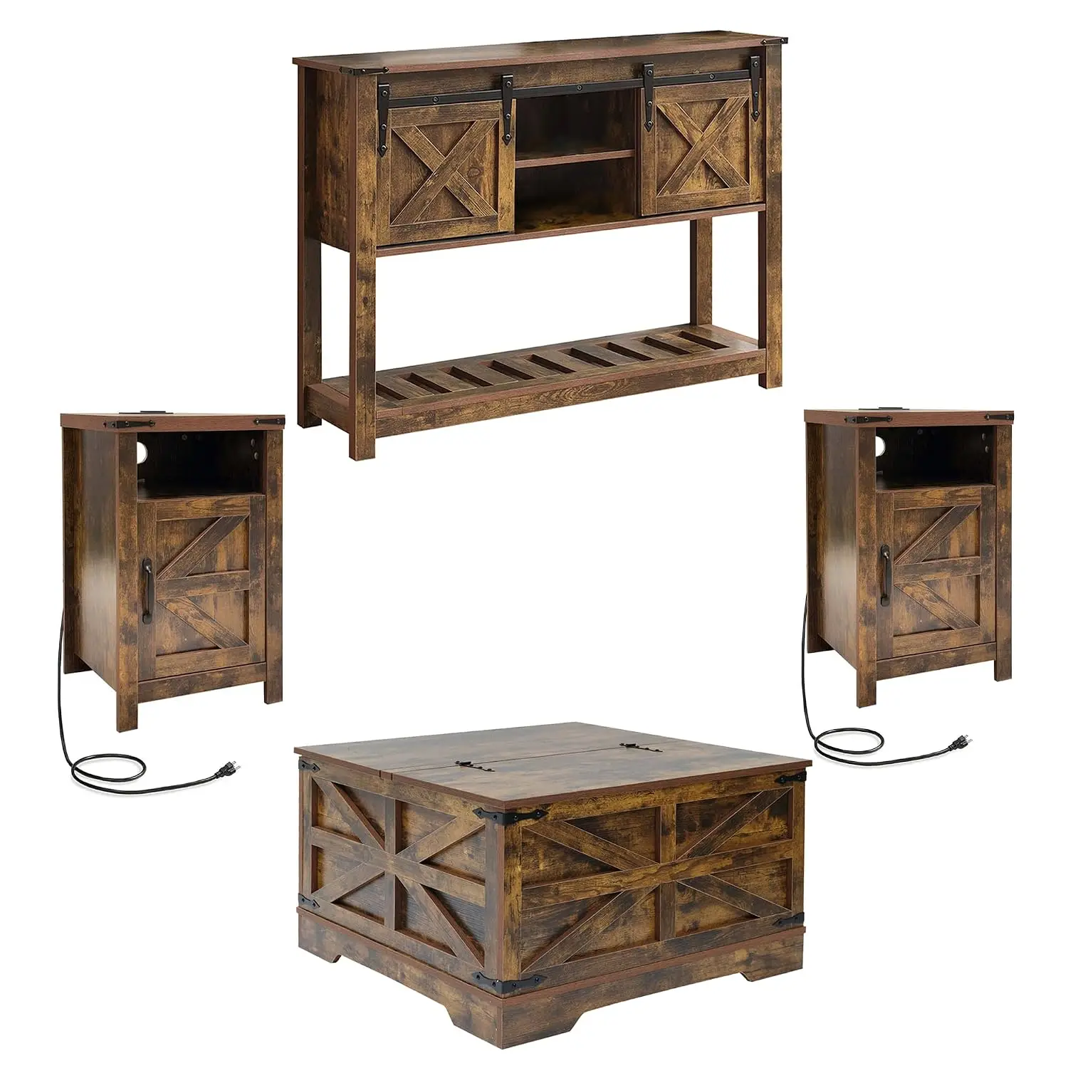 Farmhouse 4-Piece Living Room Set, Sliding Barn Door TV Stand, Coffee Table & 2 End Tables with Charging Station Customized