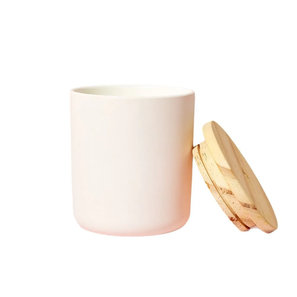 Empty Matt White Glass Candle Holder with Wooden Cap, Glass Container for Wax Filling,No Sticker on Glass, 300ml