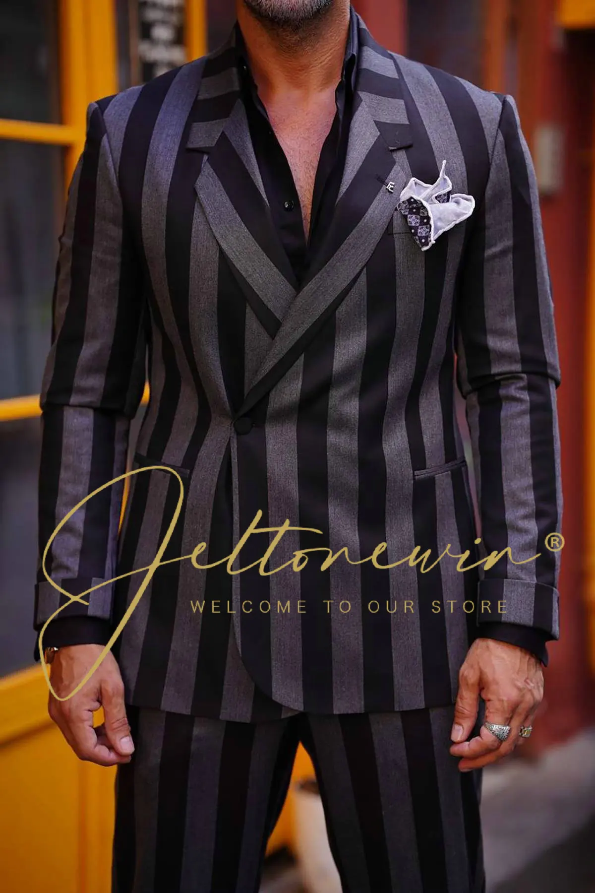 2024 Fashion New Men\'s Boutique Business Slim Wedding Striped Double Breasted Suit Blazers Jacket Pants Trousers 2 Pcs Set