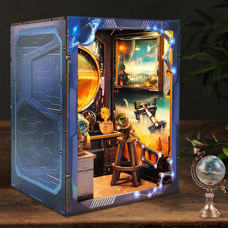 DIY ไม้ Book Nook Shelf Institute ดาราศาสตร์ Bookend Miniature ชุดไฟชั้นวางหนังสือสําหรับของขวัญวันเกิดเพื่อน