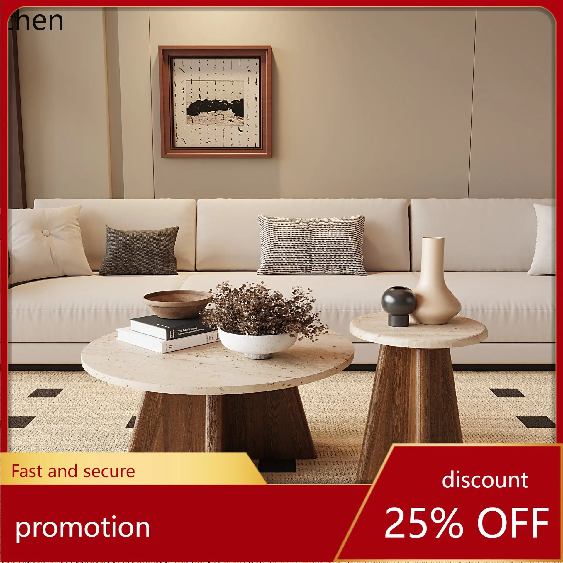 

LXC Natural Travertine Coffee Table Round Solid Wood High-End Light Luxury Homestay Hotel Coffee Table Side Table