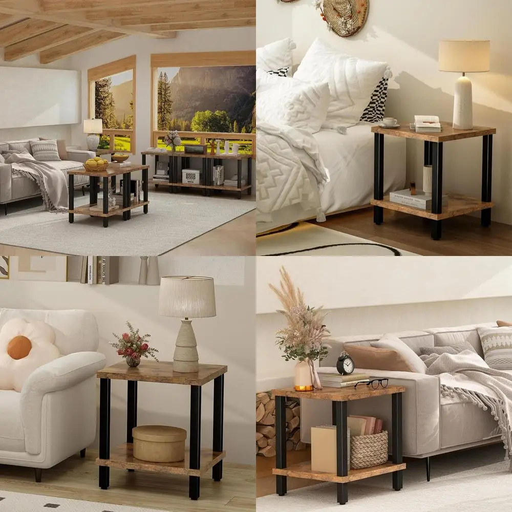 

20 Современный промышленный квадратный торцевой столик с двухуровневой полкой для гостиной, спальни коричневого цвета в деревенском стиле