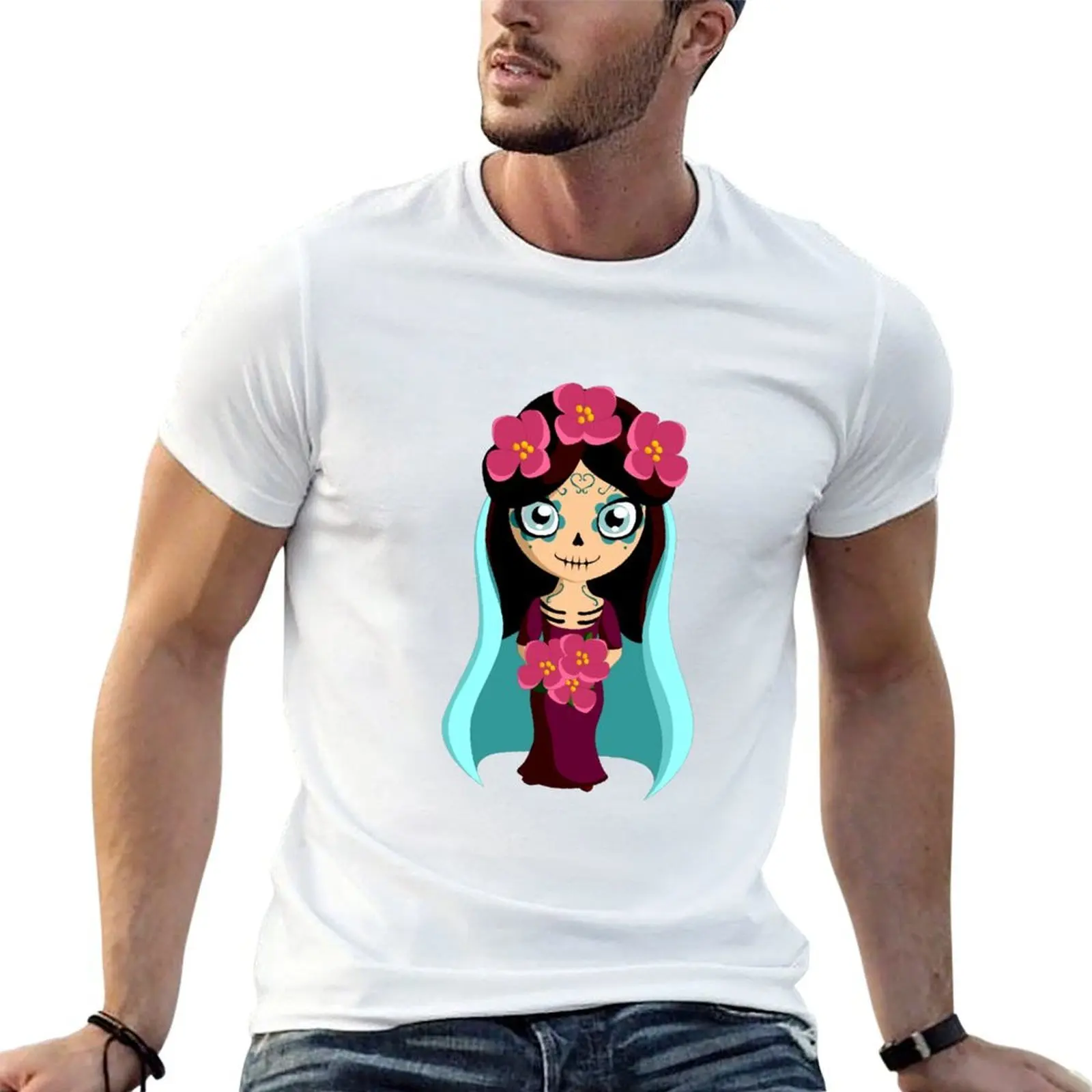 Day of the Dead Skull Bride Design T-Shirt blue lock baggy shirts tshirts for men