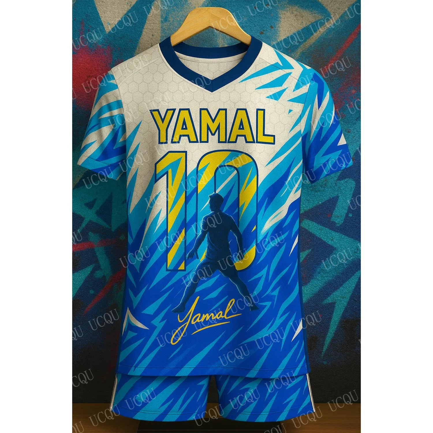YAMAL Kit maglia da calcio progettato AI con graffiti geometrici per bambini Set da allenamento per calcio stile cool Abbigliamento sportivo estivo Vendita calda Spec