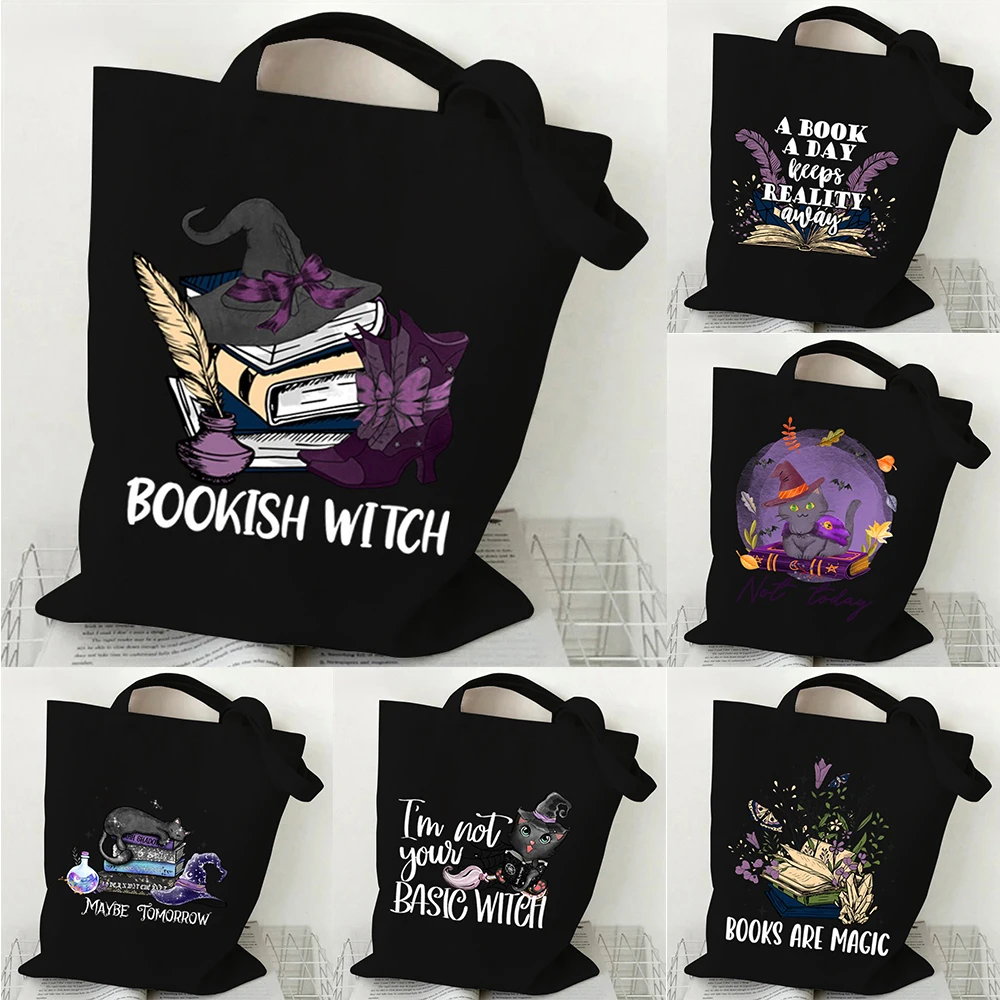 

Eco-Friendly Halloween Witch Cat Tote Bag Gothic Black Cat Shopper Bag Spooky Season Gift Funny Animal Print Handbag for Women
