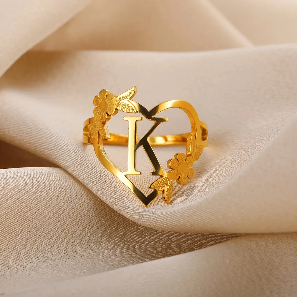 Stainless Steel Initials Letter Heart Rings for Women Girls Gold Color Flower Alphabet Ring Fashion Valentine's Day Jewelry Gift