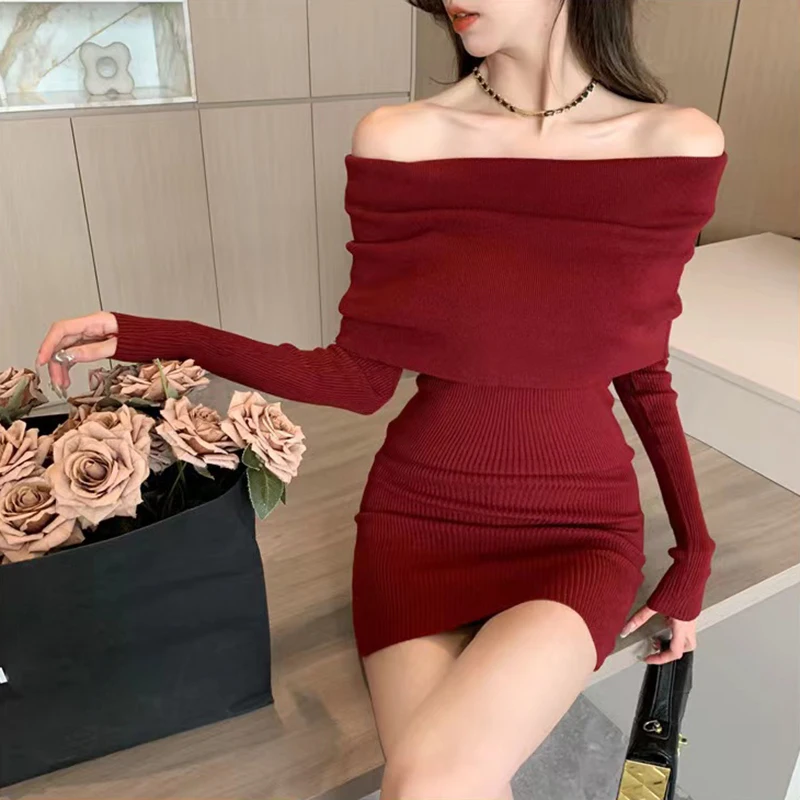 

Sweet Slash Neck Mini Dress Women Fall Winter Sexy Slim Long Sleeve Dress Female Harajuku Solid Office Lady All-Match Knit Dress