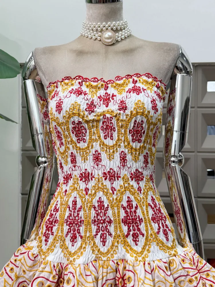 DFDG Abito da donna a strati con ricamo bohémien primavera estate 2025 con maniche svolazzanti, orlo con volant, vita elasticizzata, abito da vacanza