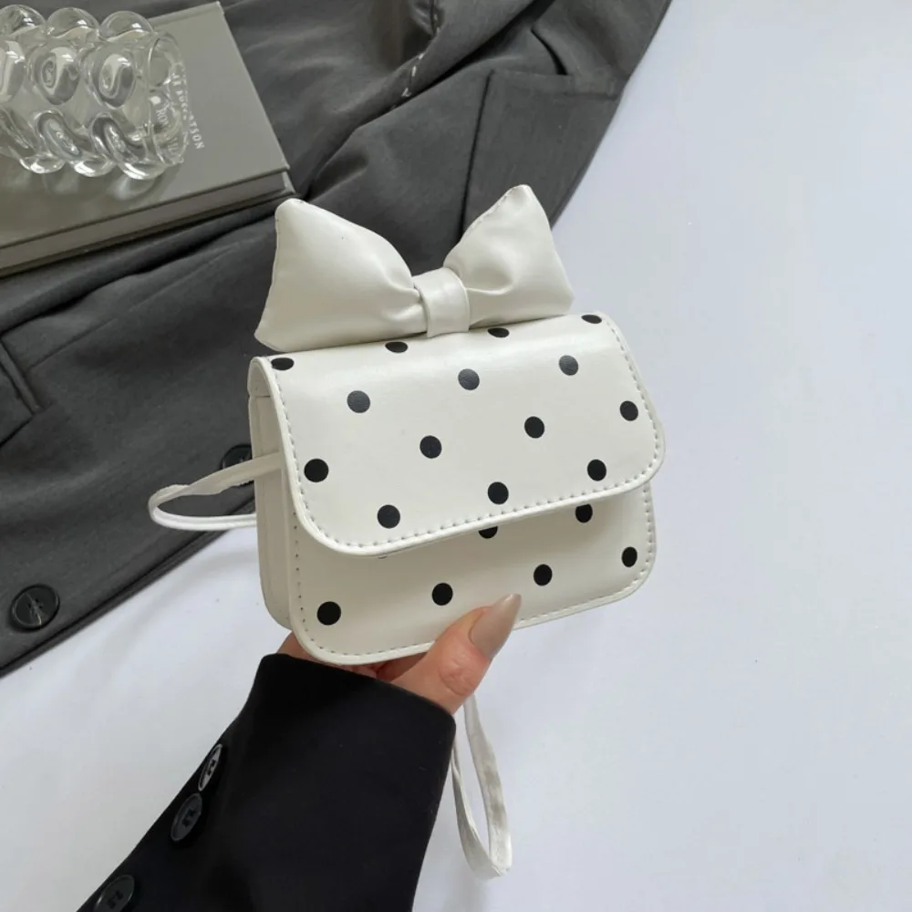 Cute Versatile Women Mini Shoulder Bag PU Leather Bow Design Underarm Bag Polka Dot Print Coin Purse