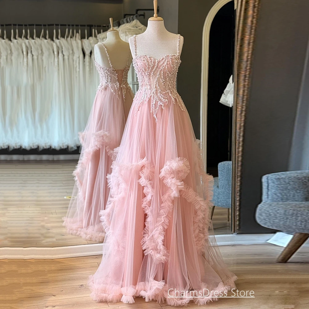 Customized Evening Dress Sexy Spaghetti Straps Sweetheart See Through Pearls Sequined Ruffles Tulle A Line Prom Gown