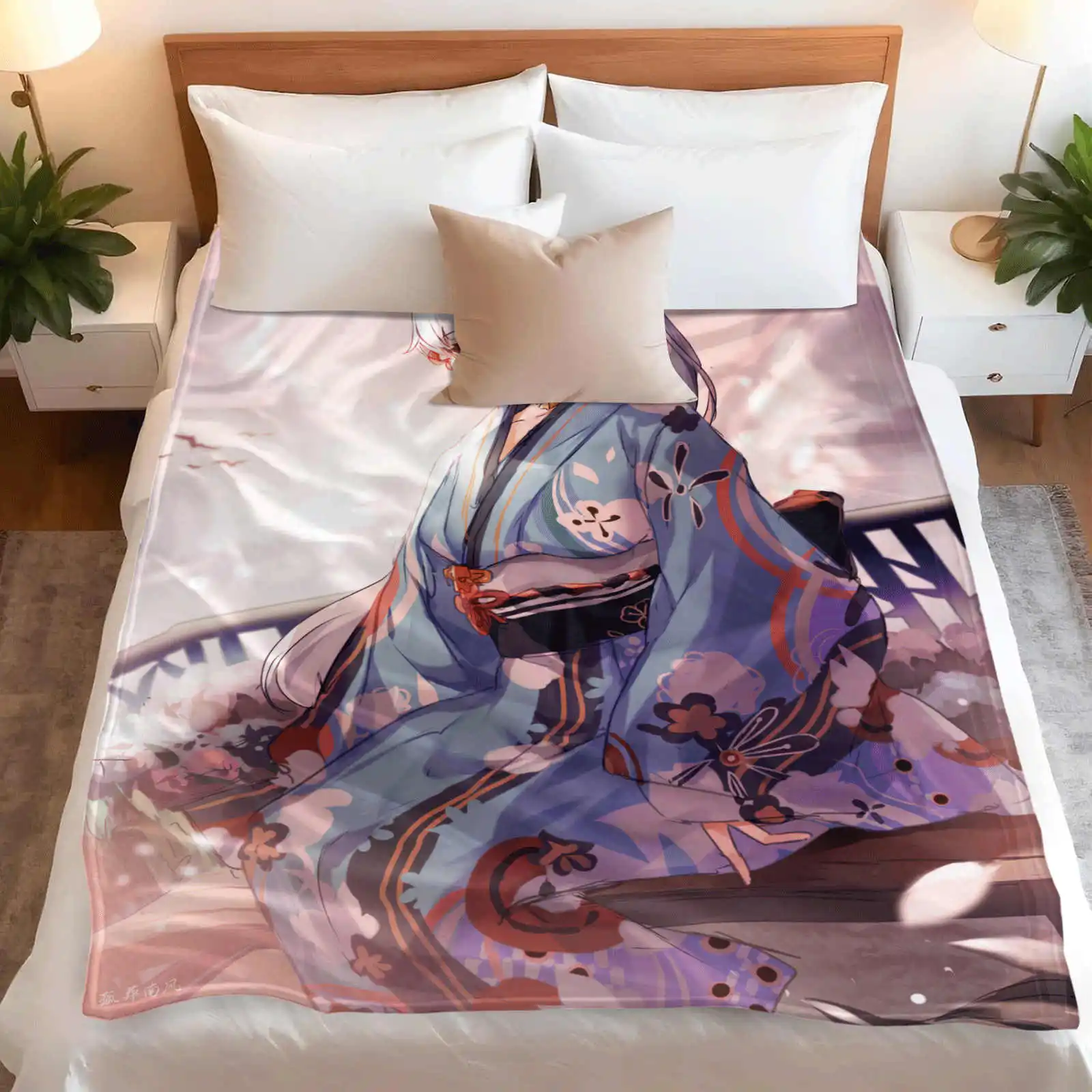 Genshin Impact Kamisato Ayaka  Flannel Nap Blanket Warmth Soft Air Conditioning Otaku Blanket Multifunctional Decor Blankets