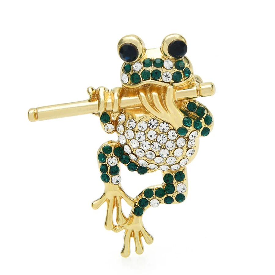 Play Bamboo Fluting Frog Brooches Women Men Rhinestone Lovely Animal Party Casual Brooch Pins Gifts