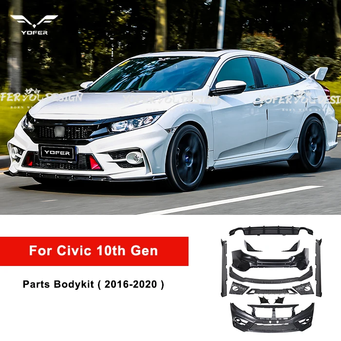 Yofer 10th gen auto front rear bumpers diffuser lip side skirts accessories bodykit car bumpers for civic