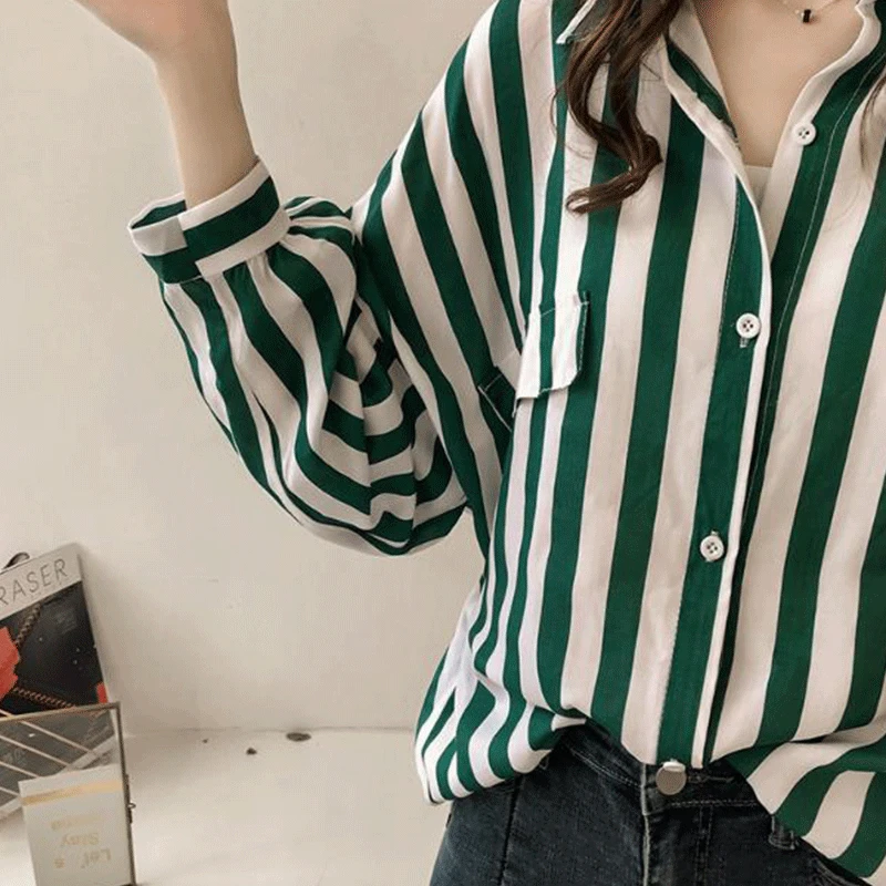 2024 New Summer Korean Style Retro Elegant Fashion Loose Casual Women\'s Shirt Striped Pockets Button Lapels Long Sleeve Y2K Tops