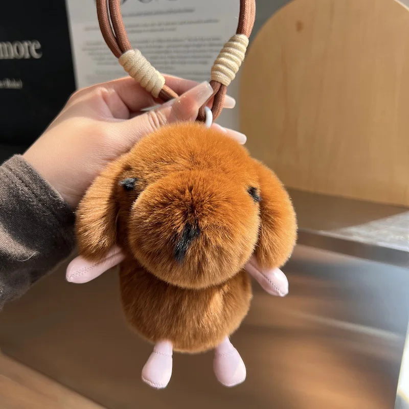 かわいいぬいぐるみ犬のキーホルダー、フェイクラビットファーの愛らしい子犬の車のキーチャーム、柔らかくふわふわのバッグペンダントデコレーション、女性への誕生日プレゼント
