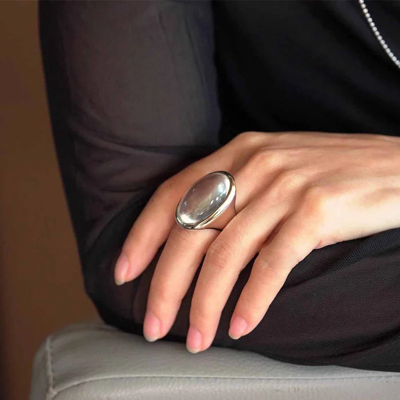 Foxanry Silver Color Ellipse Crystal Rings For Women Simple Exaggerated Elegant Vintage Temperament Engagement Jewelry Gifts image 4