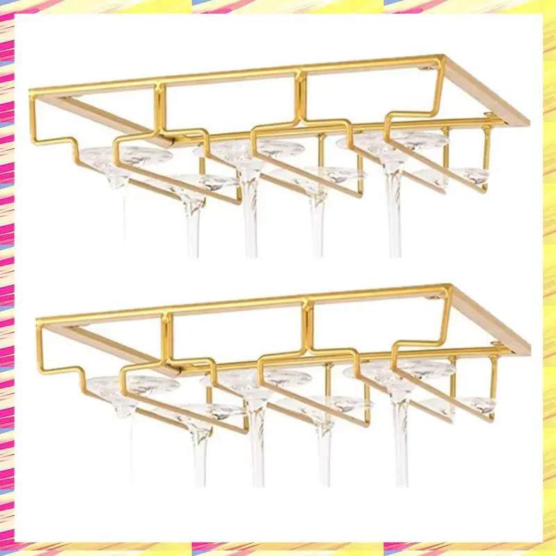 

ABJJ 2 Piece Wine Glass Rack Wine Glass Hanger Rack Under Cabinet Stemware Wine Glass Holder Storage Hanger Gold
