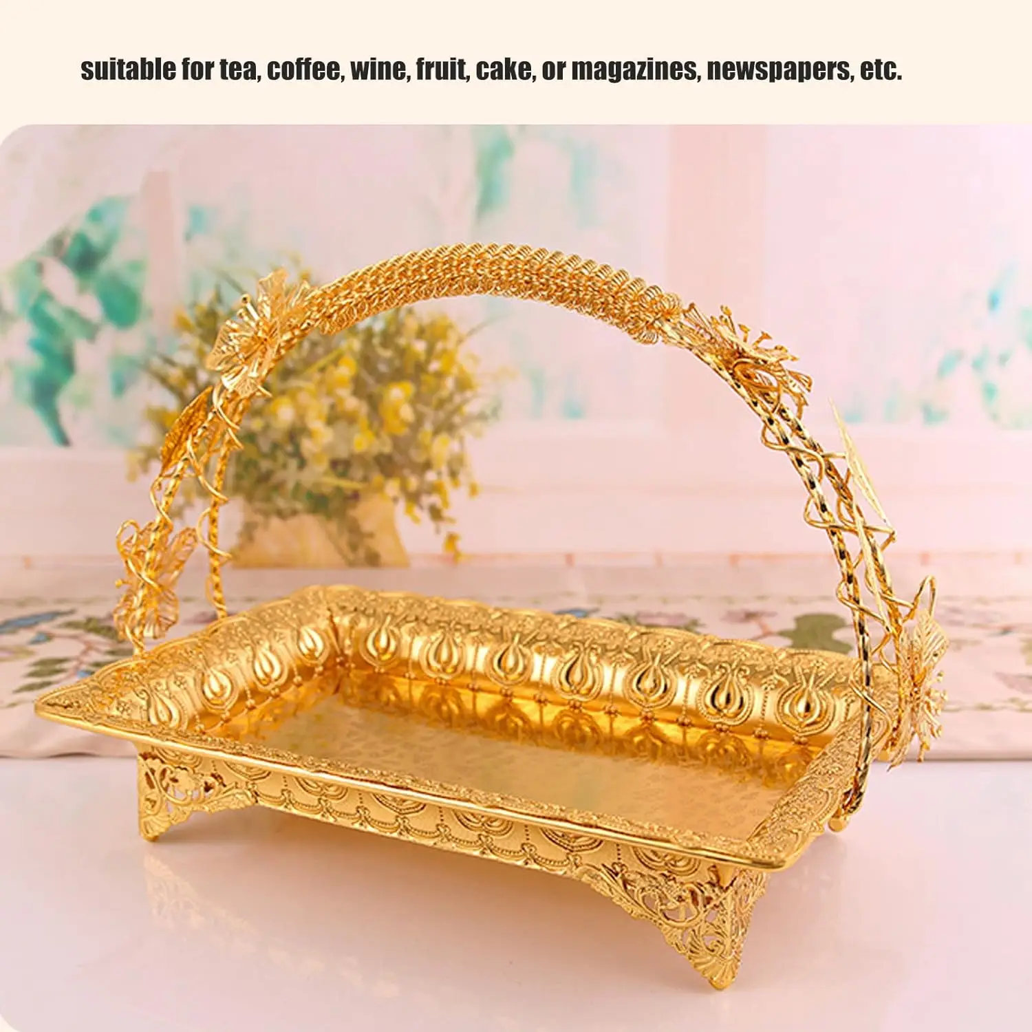 Vintage Gold Zinc Alloy Coffee Serving Tray Sturdy Durable Metal with Handles and Carved Patterns for Party Snacks Mini Bars