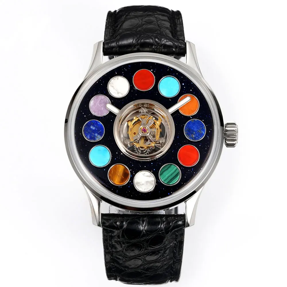 HUASUO 42mm Tourbillon centrale Orologio meccanico da uomo Pietra preziosa Quadrante cielo stellato Movimento pavone Riserva di carica extra lunga di 5 giorni