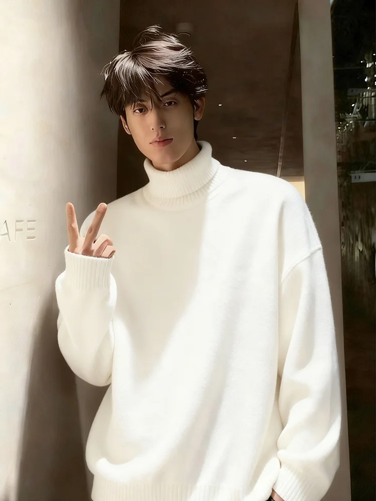 

Мужской вязаный свитер с высоким воротником на подкладке, белая осенне-зимняя внутренняя одежда, повседневная верхняя одежда для пар, пальто
