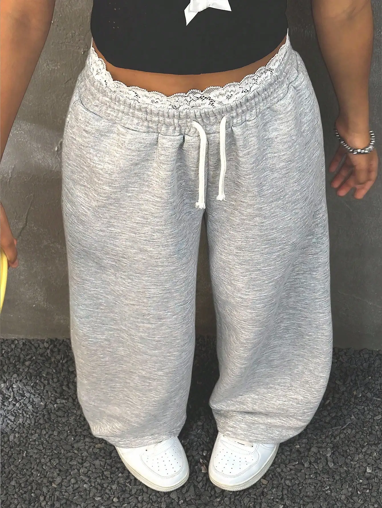 

Серые широкие спортивные брюки с кружевной отделкой для девочек, удобные брюки свободного кроя для отдыха