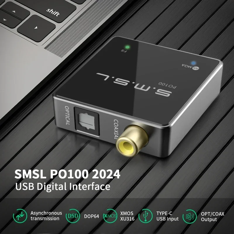 SMSL PO100 HiFi 2024 MQA Audio USB C DAC XMOS Digital Interface 44.1-192kHz DOP64 DSD Type-c To Optical Coaxial Decoder Softdog