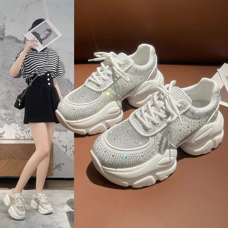 Women Spring Non-slip Chunky Sneakers Thick Bottom Female Casual Dad Shoe Lace Up 10CM High Platform Vulcanized Shoes Woman