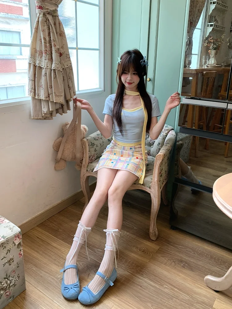Sweet Style Plaid A-Line  Skirt High Waist Women's Summer Polyester Fiber Traveler  Fabric Pig Half Skirt