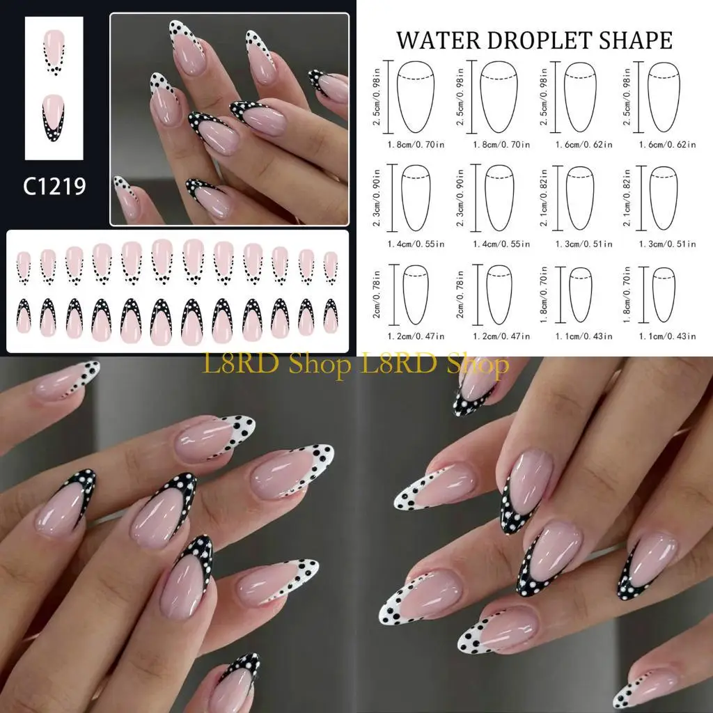 L8RD 24PcsABS Press On Minimalist French Manicure Polkas Dots Patterns Quick Art False For Busy Ladies
