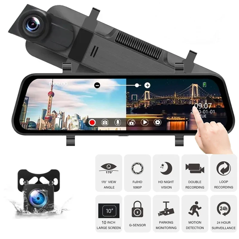 

24H Dash Cam 10inch Car DVR Rear Camera Full HD 1080P Drive Video Recorder Registrator Auto Rearview Dual Dashcam Black Box