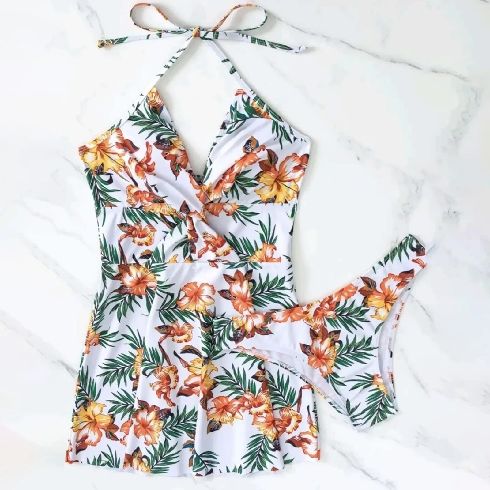 Women'S Printed Swimsuits Two Pieces Ruffle Hem Sunscreen Bathing Suit V Neck Thin Strap Swimwear With Breath Comfty Shorts