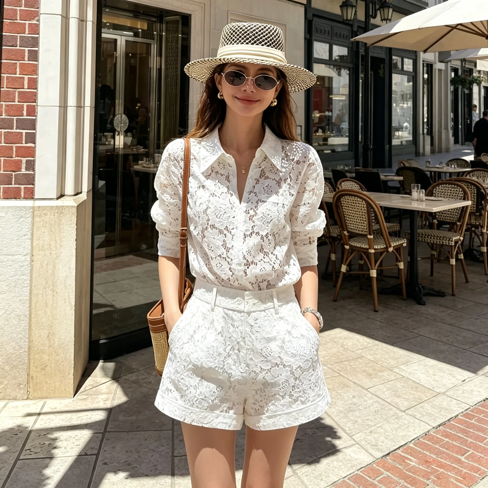 Women's sexy and fashionable lace lapel cinched shorts long sleeved two-piece set