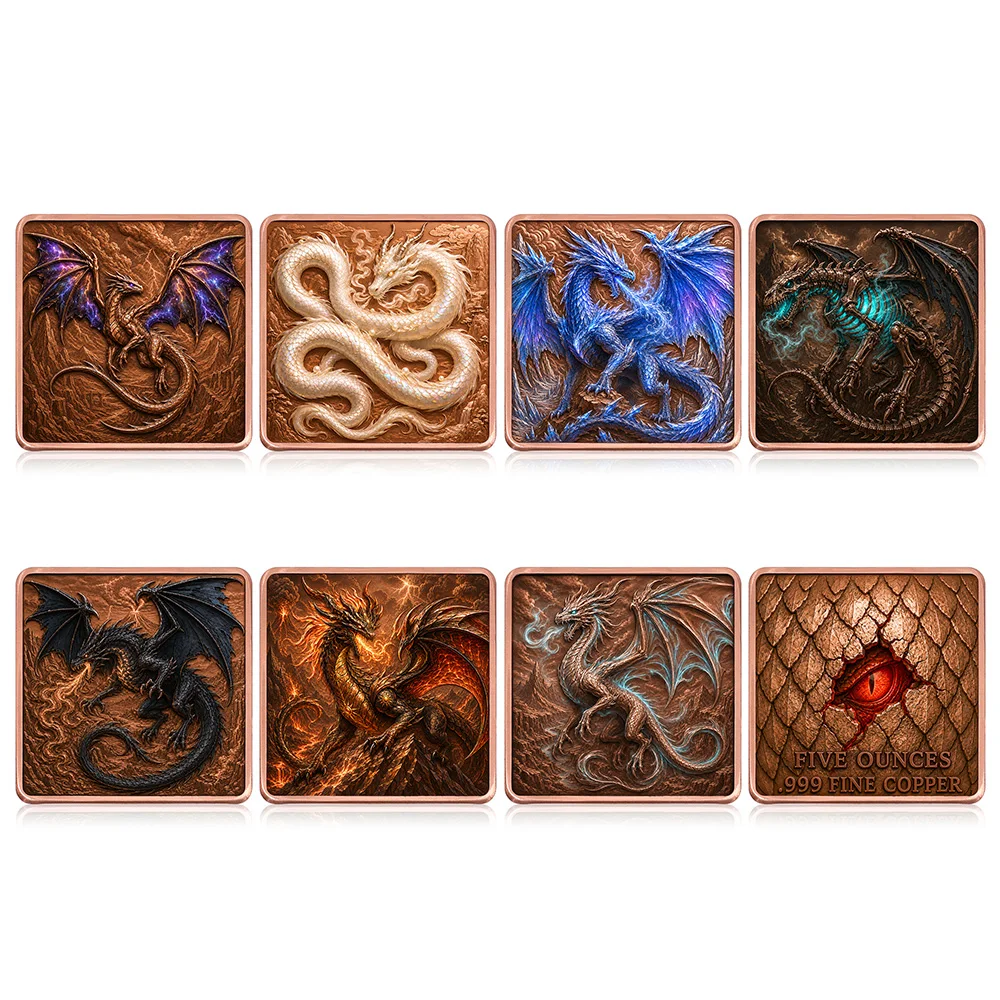5 OZ .999 Fine Square Copper Bar Various Dragons Embossed Dragon Eastern Western Dragon Fantasy Collectible Bullion Gift