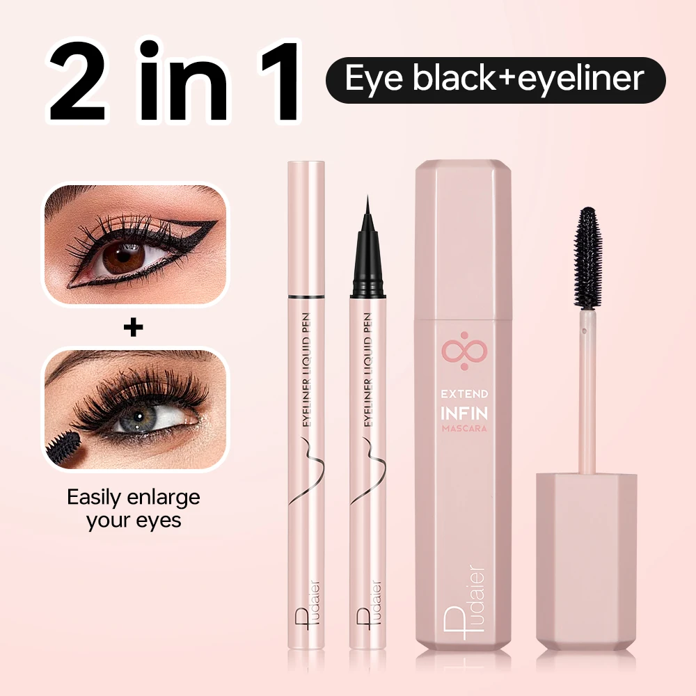 Liquid eyeliner and mascara set, waterproof, no smudge, enlarges eyes, easy for beginners to use, suitable for music festivals,