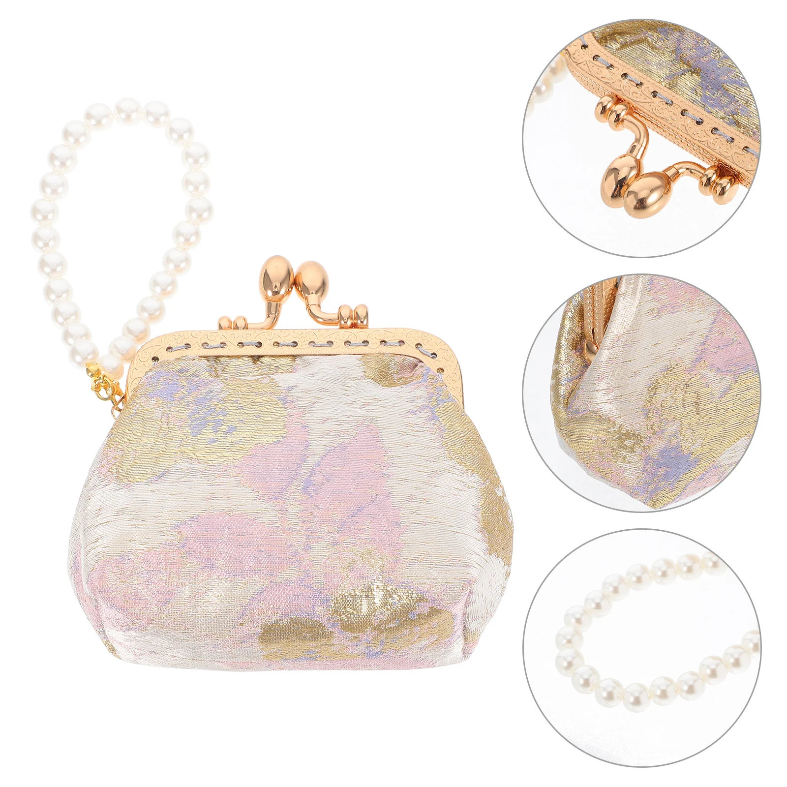 

Small Chinese Brocade Pearl Handbag Elegant Floral Clutch Purse for Wedding Party Women Chinese Bag Flower Brooch