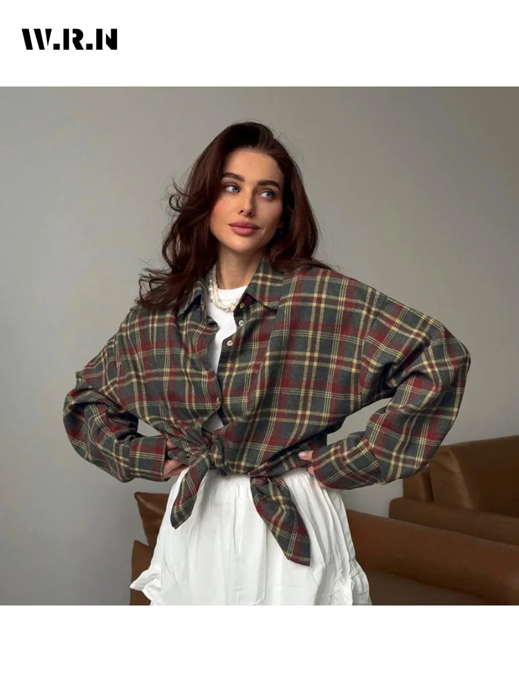 American Retro Plaid Print Turn-down Collar Loose Blouses 2025 Winter Women's Casual Vintage Long Sleeve Slim Fit Shirts Top