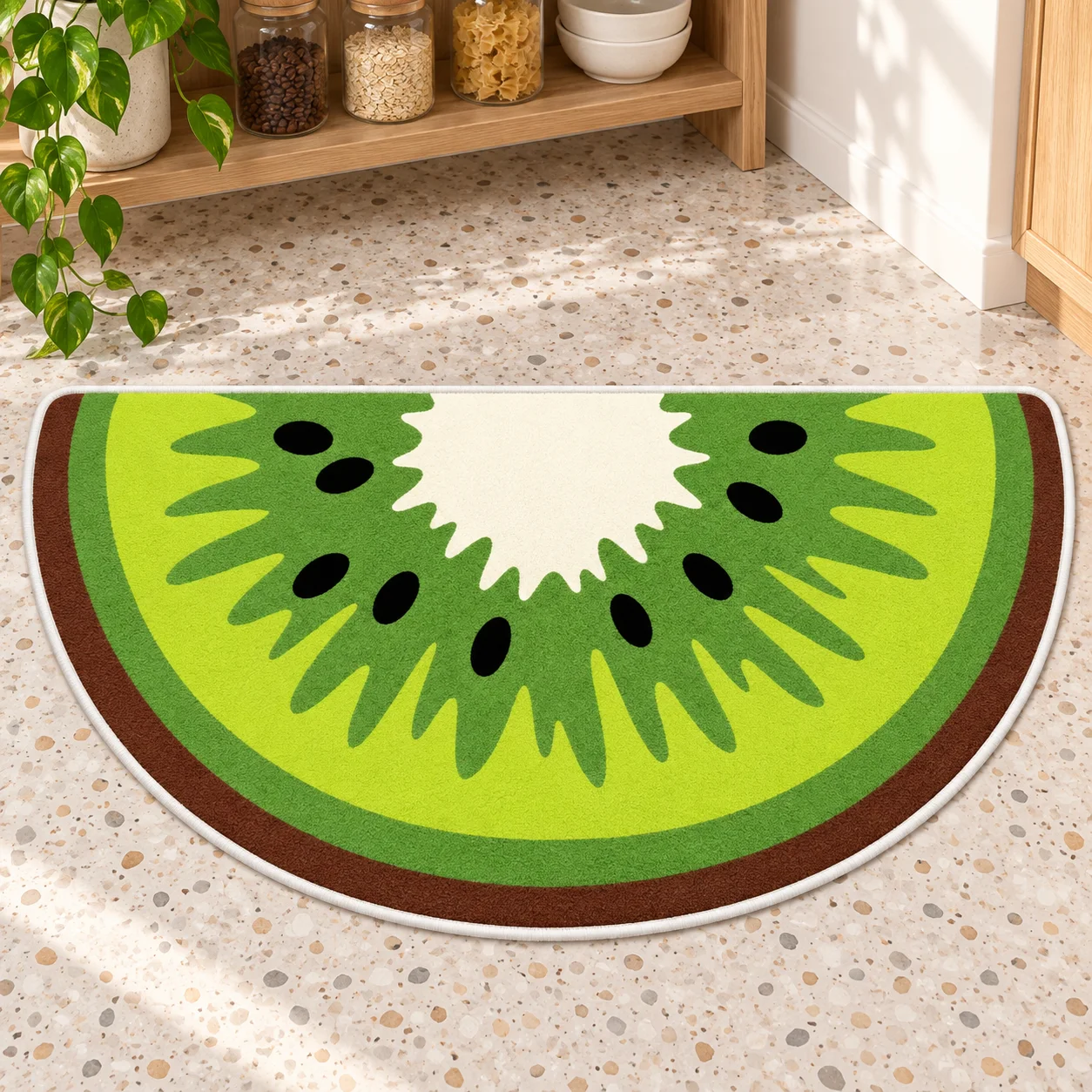 Kiwi Fruit Slice Shaped Area Rug, Green Irregular Floor Mat Soft Flannel for Bedroom, Living Room and Playful Home Decor