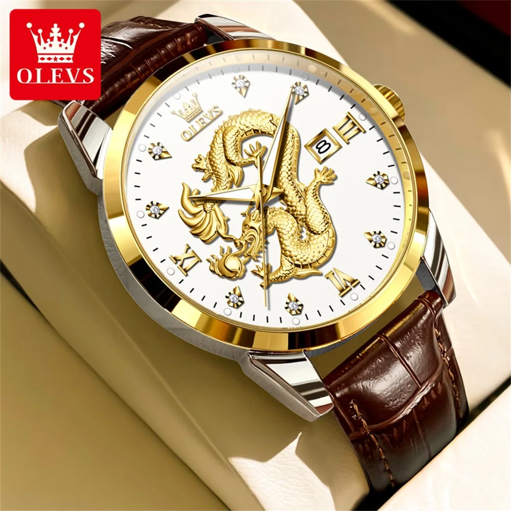 OLEVS Mens Watches Top Brand Luxury Waterproof Luminous Date Wacth Fashion China Loong Dragon Dial Quartz Watch for Man  Reloj
