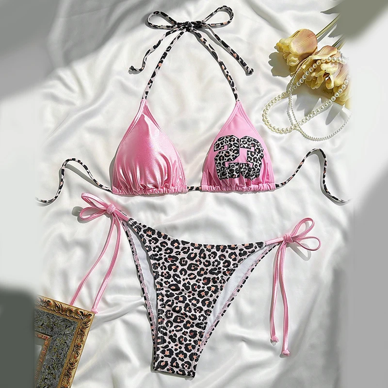 النمط الأوروبي والأمريكي بروتيل f الوردي ليوبارد طباعة بيكيني للشاطئ مجموعة قطعتين ملابس السباحة Y2k القوطية مثير حار فتاة نمط