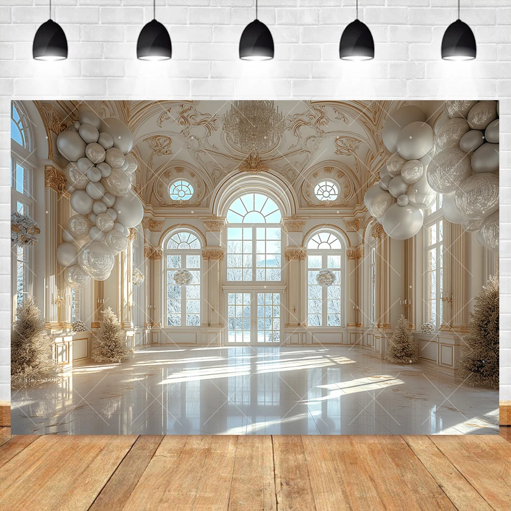 White Palace Photography Background Custom Balloon Arched Window Decor Woman Adult Birthday Wedding Portrait Backdrop Photo Prop
