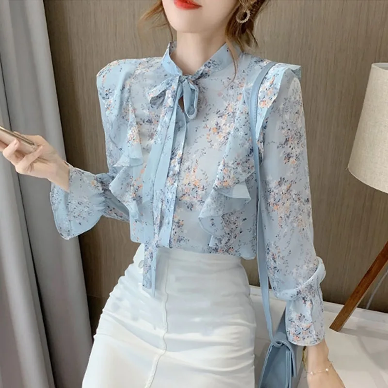 Autumn New Long Sleeve Bow Collar Women Shirt Korean Version Ruffles Print Elegant Chiffon Shirt Blouse Women Tops Camisas A535