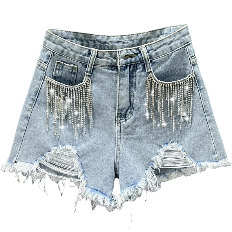 Diamond Tassel Denim Shorts for Women Trendy 2023 Summer New High Waist Slimming European Station Ripped A- line Hot Pants