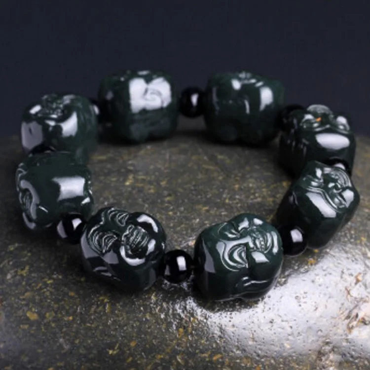 

Natural Nephrite Green Jade Buddha Head Bracelet Men Women Fine Jewelry Genuine Chinese Hetian Jade Buddha Bracelets Wholesale
