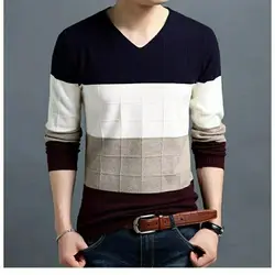 Korean Simple Casual Men Long Sleeve Sweater V-Neck Color Block Jacquard Versatile Fashion Loose Autumn Winter New Knit Pullover