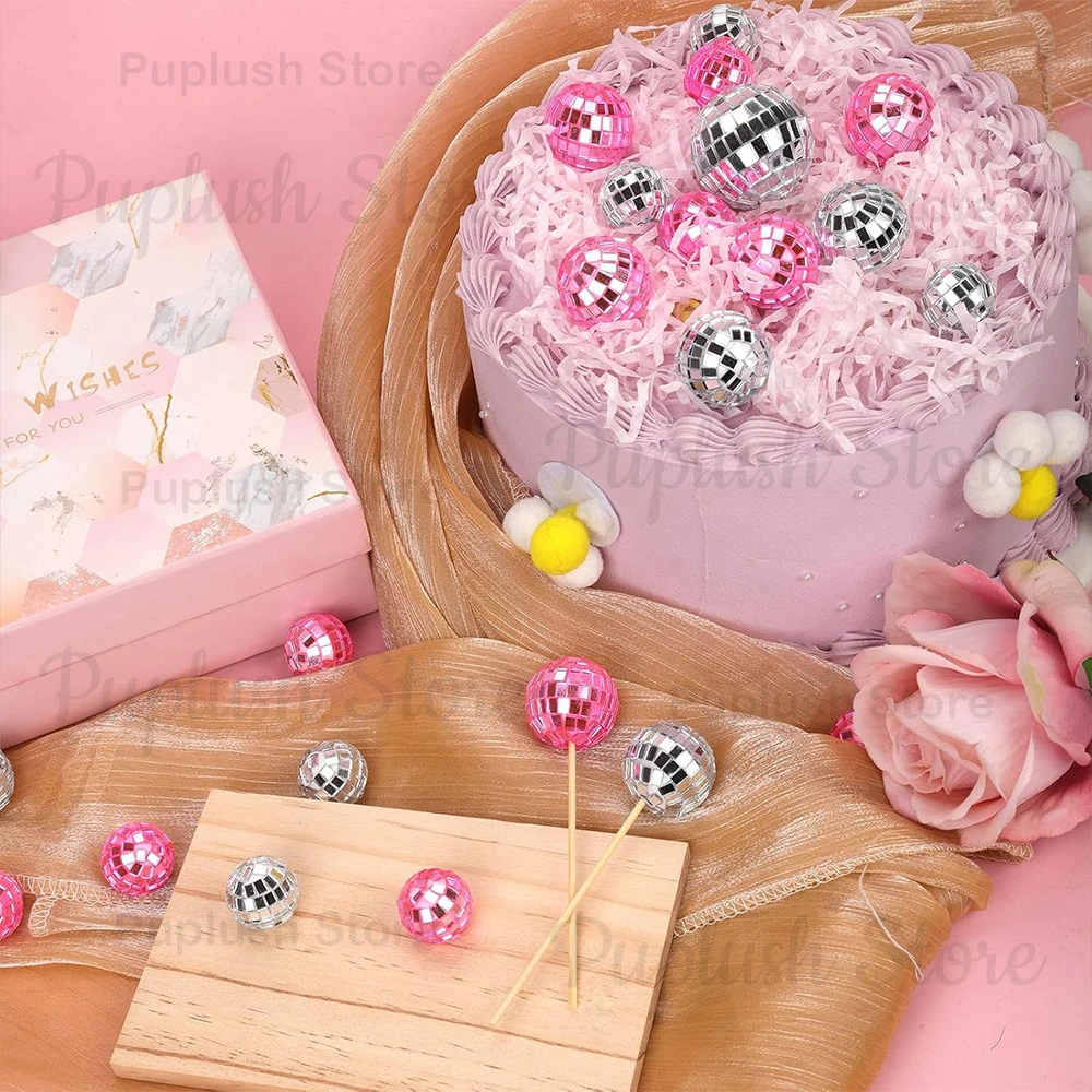 34-teiliges Disco-Kugel-Cupcake-Topper-Set, Spiegel-Silber, Gold, Pink, 70er Retro Kuchendekoration für Disco-Themen-Geburtstagsfeiern – Detail 19