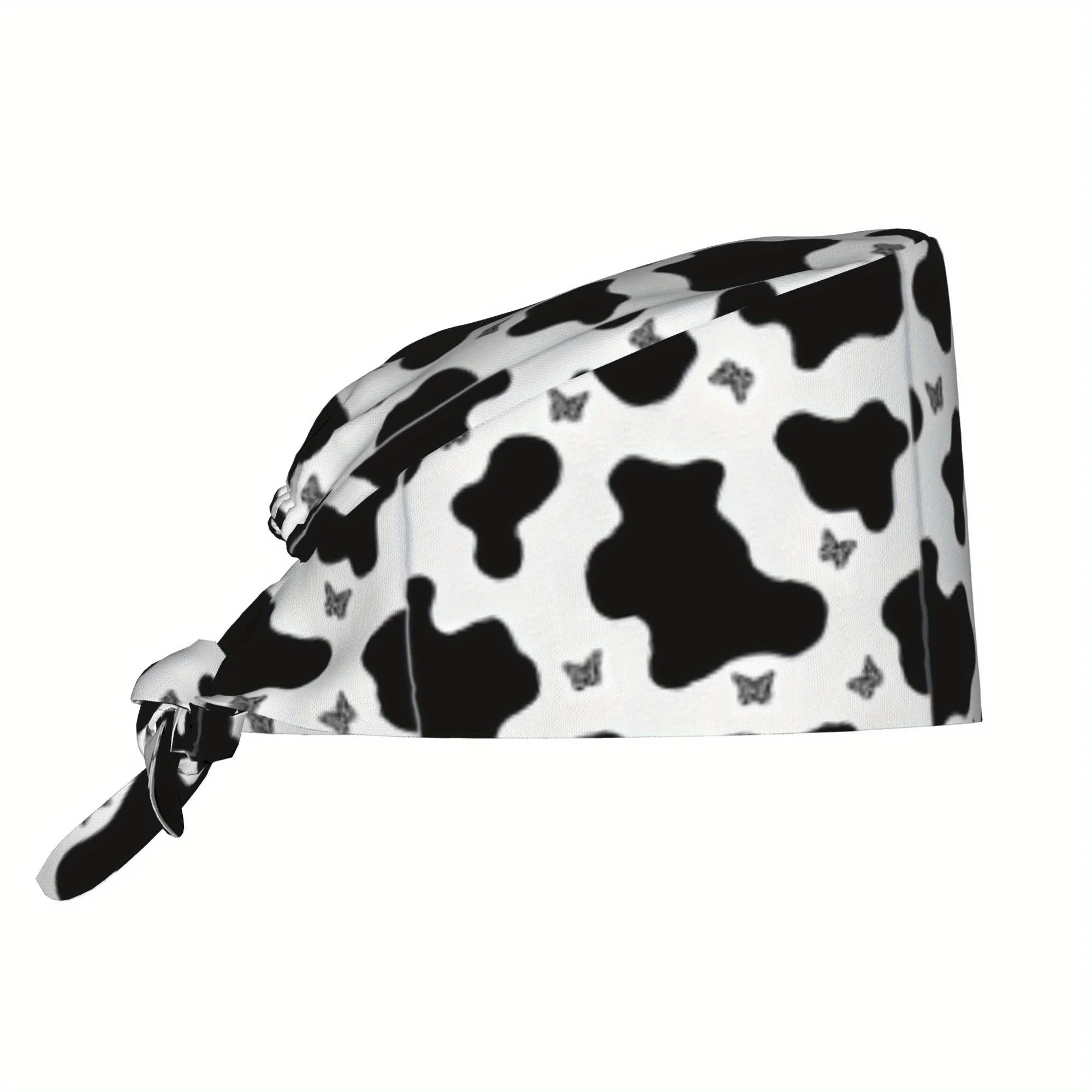 Black White Cow Print Scrub Cap Cute Butterfly Spots Pattern Hat Adjustable Tie‑back Medical Work Cap for Nurses