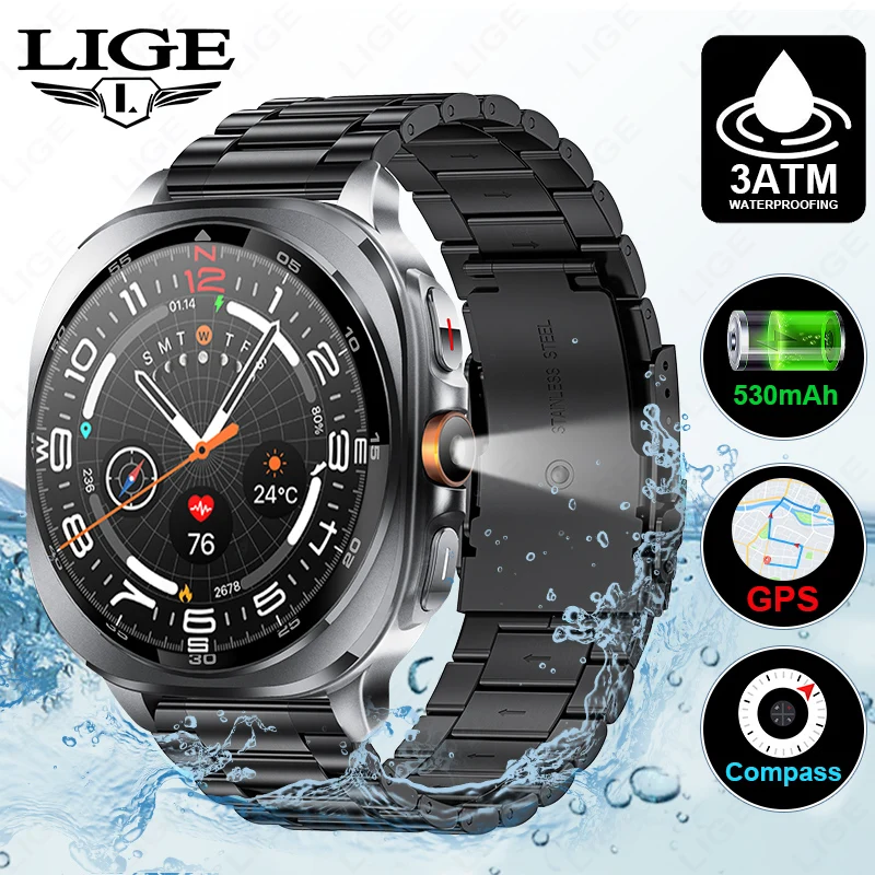 

LIGE GPS Positioning Smartwatch Heart Rate Monitoring 100+Sport Mode Tracking Smart Watch 3ATM Waterproof Flashlight Smart Watch
