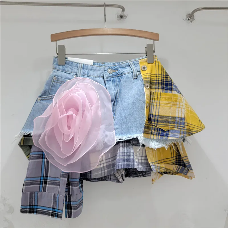 

SuperAen 2024 Summer Stereo Floral Patch Deconstructed Blue Yellow High Waist A-line Denim Cropped Skirt